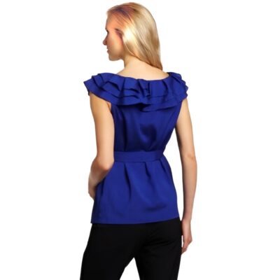maternal america ruffled neck maternity top in blue back view