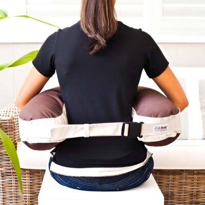 Milkbar Twin Portable Nursing Pillow attached to a mum back view