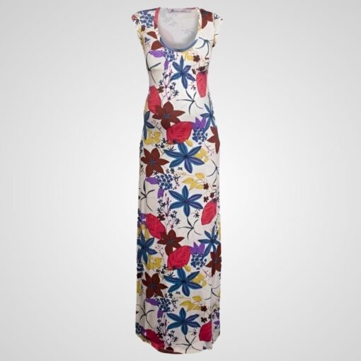 front view of the Queen Mum Floral Maxi Maternity Dress The pattern has large blue, red, maroon and yellow flowers on an ivory background.