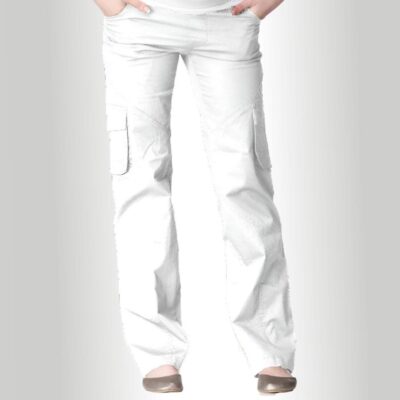Model wearing Soon Band Cargo Maternity Pants in white colour