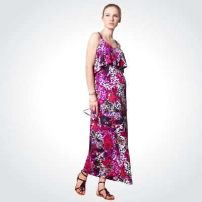 Pregnant model wearing Venetia Kole Gretta Maxi Maternity Dress multicolour pixel pattern