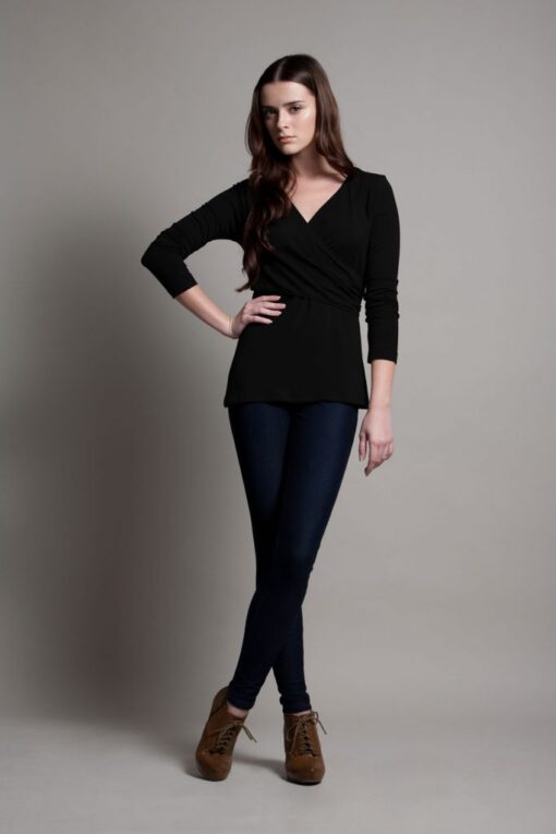 Dote Crossover wrap nursing top black front full length view