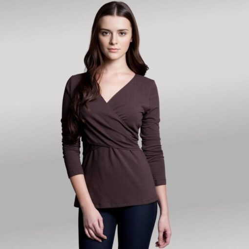Dote Crossover wrap nursing top brown close up view