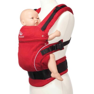 manduca classic baby carrier in red carrying doll