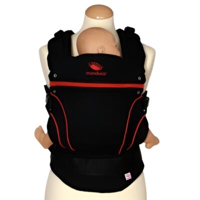 manduca blackline baby carrier in red with doll in carrier