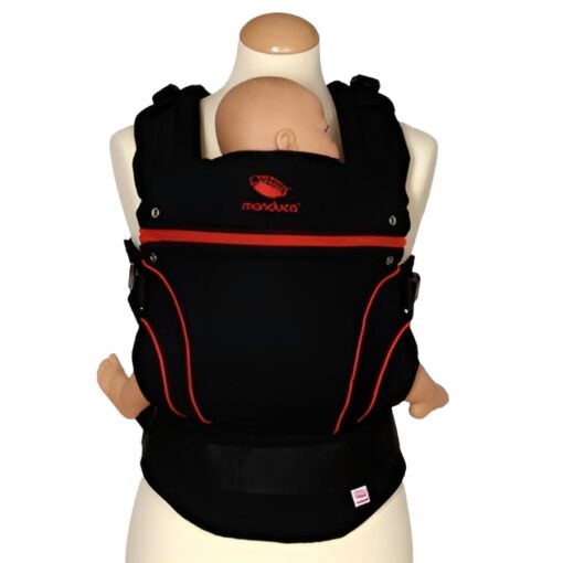 manduca blackline baby carrier in red with doll in carrier