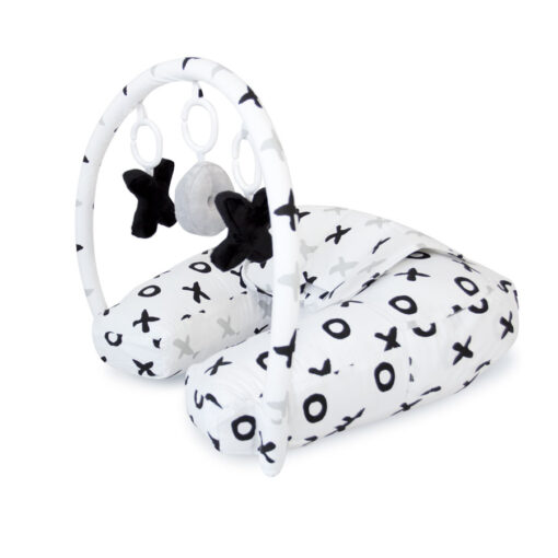 babyhood organic nursing pillow with toy bar in tic tac toe pattern
