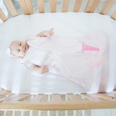 amani ballerina princess sleeping bag worn by baby in cot