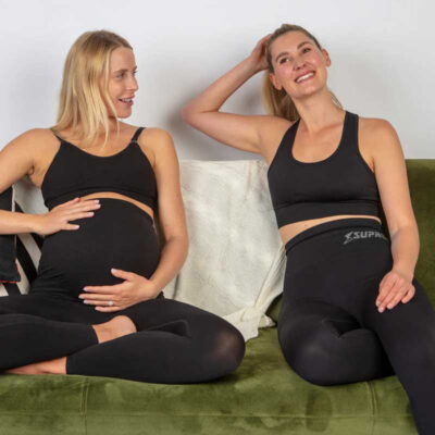 two pregnant mums wearing supacore jenny pregnancy support leggings
